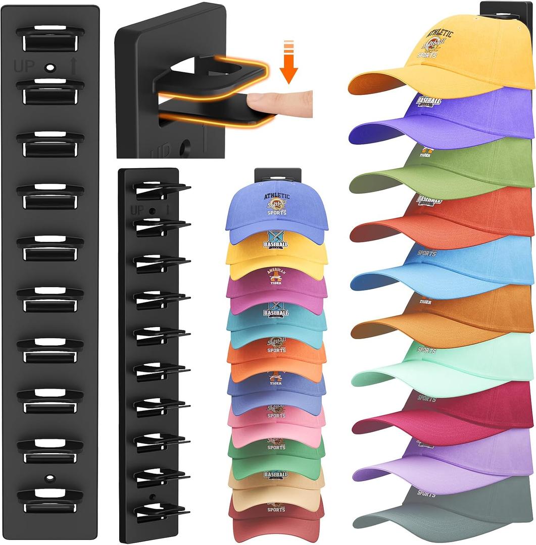 Lifewit Wall-Mounted Hat Organizer, 20 Baseball Caps Storage with Elastic Clamps (Each Holds 10), Hat Display Rack for Door, Retail Store, Nails or Adhesive, Closet Cap Holder, Black, 2-Pack