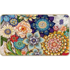 Boho Colorful Mandala Floral Faux Linen Door Mat, Vintage Spiritual Mandala Flower Doormat Outdoor Indoor Entrance Porch, Rustic Boho Welcome Mats for Front Door, 17x30 Inch