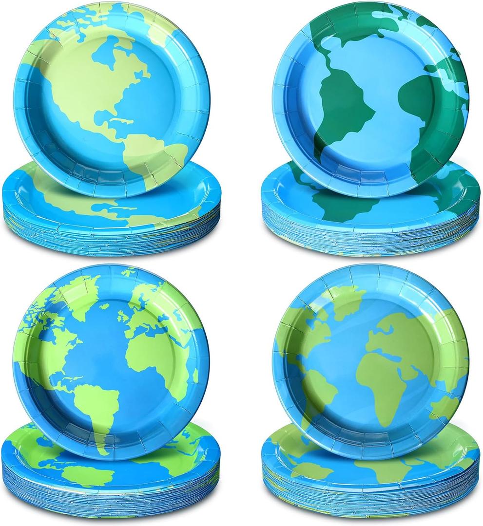 Zhehao 96 Pcs Earth Day Plates Bulk 9 Inch Globe Map World Paper Plates Earth Day Theme Birthday Party Supplies Disposable Around the World Party Decorations for Home