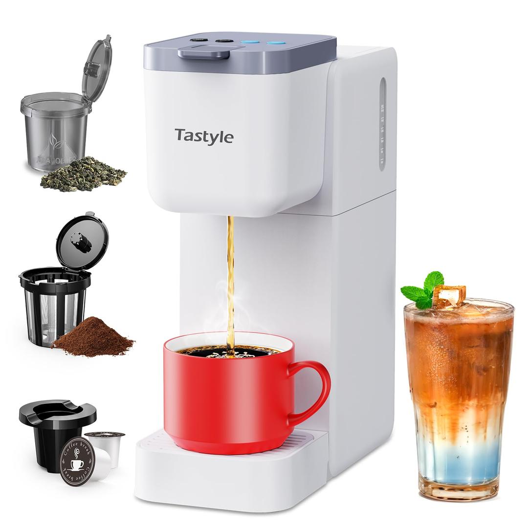 Tastyle Single Serve Coffee Maker for K Cup, Ground and Tea, Hot and Iced Coffee Machines with Bold Setting, 6 to 16 Oz Brew Sizes, Compact for Small Spaces, White (2.0 Version) 