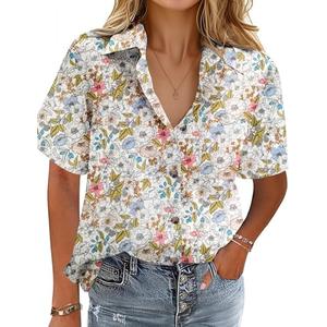 HOTOUCH Women Plus Size Short Sleeve Blouse Floral Linen Button Up Shirt Casual Button Down Shirt Cotton Tops Loose Fit, XXL