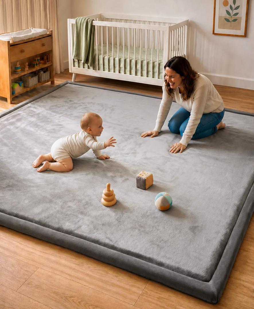 AEOCOO 60x80 Thick Baby Play Mat for Floor, 1.3" Memory Foam Infant Tummy Time Mat, Extra Large Soft Nursery Rug for Babies & Toddlers, Anti-Slip Cushioned Crawling Rug for Living Room, Grey