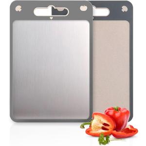 Cutting Board Double Sided,Stainless Steel Cutting Board for Kitchen, Food-Grade, Stainless Steel and Wheat Straw PP, Easy to Clean Large Cutting Board (Medium) (13"L x 7"W)