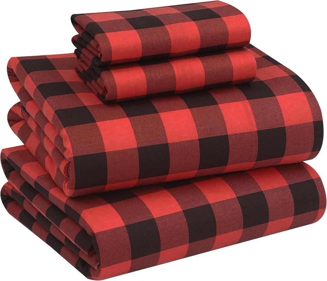 RUVANTI Flannel Sheets Queen Size - 100% Cotton Double Brushed Bed Sheets, Deep Pockets 16 Inches Queen Sheet Set, All Seasons Breathable & Extra Soft - Warm & Cozy, 4 Piece, Red & Black Plaid