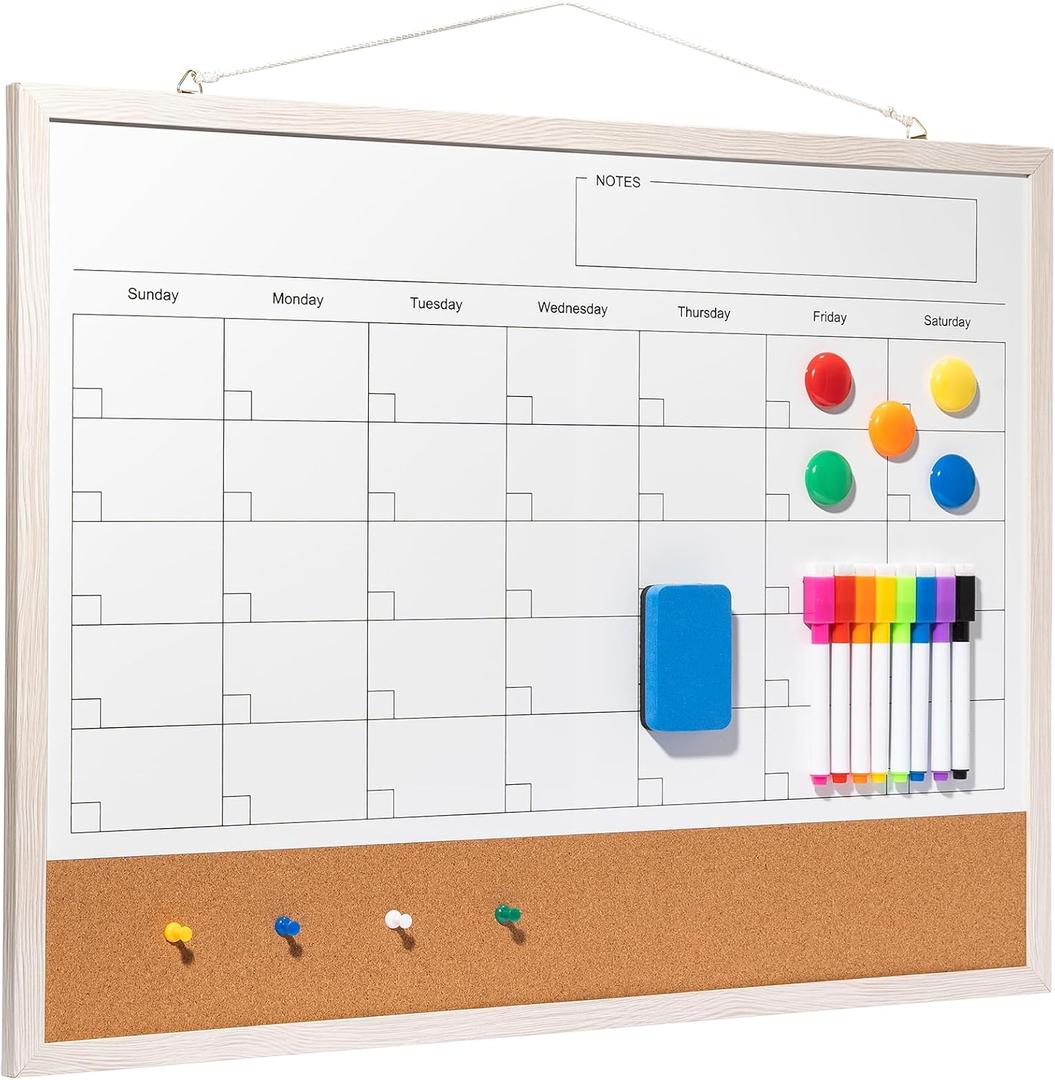 Dry Erase Calendar Whiteboard, 24" x 18" Magnetic Whiteboard Cork Board Combo, Reusable Monthly Planner with 8 Markers, Eraser, Magnets and Pushpins, Hanging Dry Erase Board for Home, School - White