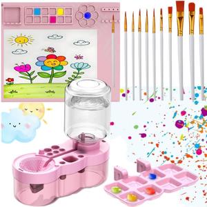 Paint Station - paint brush cleaner with 10 Paint Brushes and 2016 Inch Silicone Painting Mat, Reusable Art Supplies for Kids, Adults & Beginners - Perfect for Watercolor, Acrylic, Oil Painting(Pink)