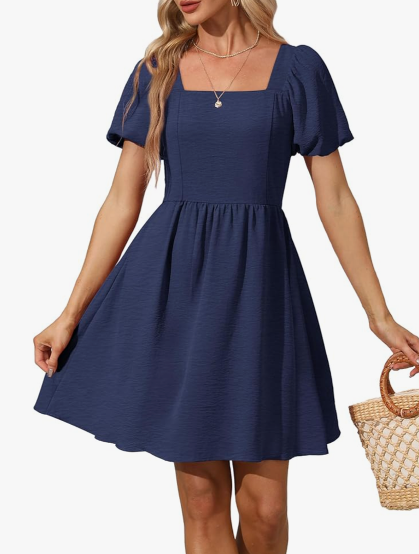 Dress Womens Short Sleeve Square Neck Puff Sleeve Dresses with Tie Back XL
