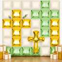 Xqumoi Religious Square Foil Balloons Wall Backdrop - 36pcs God Bless Baptism Wall Backdrop Balloon Garland Kit, Gold Cross & Eucalyptus Decor for First Communion Baby Christening (Sage Green)
