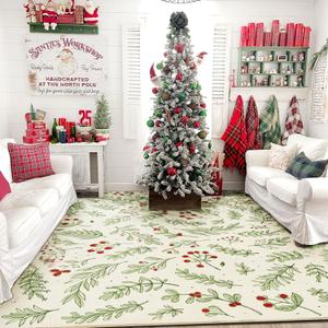 Cute Christmas Area Rugs 3x5 Washable - Ultra Thin Soft Xmas Tree Berries Holly Branches Festive Winter Rug, Modern Floral Woodland Christmas Carpet for Kitchen Bedroom Dorm Entryway Fire Place (Beige)