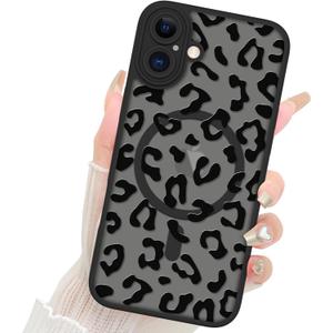 Fiyart Designed for iPhone 16 Plus Case Matte Cheetah Print Design Compatible with MagSafe Wireless Charging,Cute Leopard Print Anti-Scratch Translucent Phone Cover for Women Girls Men 6.7"-Black