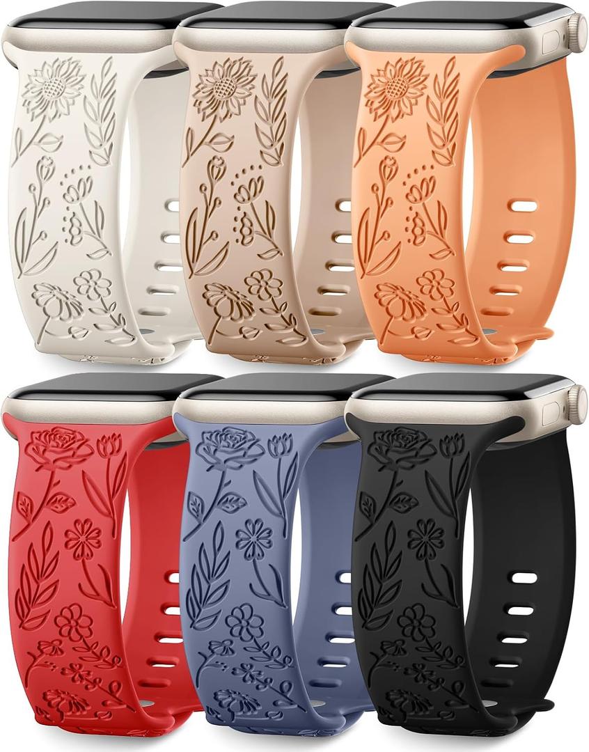 SNBLK 6 Pack Floral Engraved Bands Compatible with Apple Watch Bands 40mm 41mm 42mm 38mm 44mm 45mm 46mm 49mm Women Men, Silicone Flower Pattern Strap for iWatch Series 11 10 Se Ultra 9 8 7 6 5 4 3 2 1