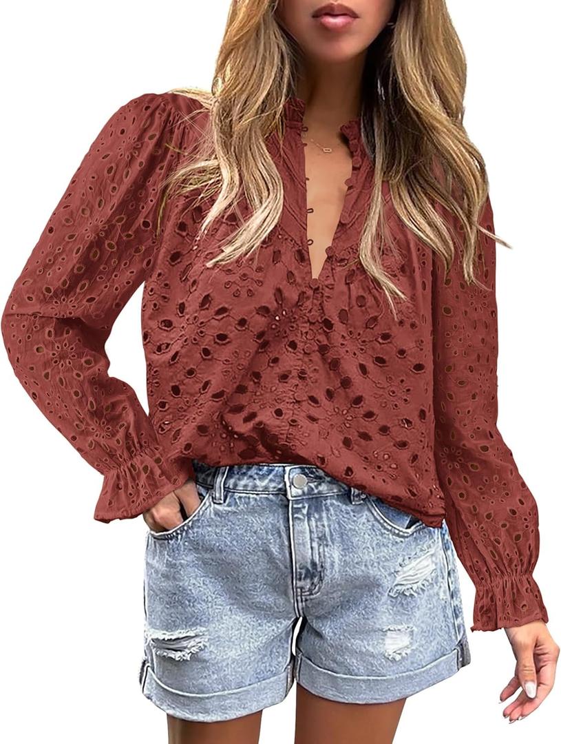PRETTYGARDEN Women's Dressy Casual Blouse Tops Fall Spring Puff Long Sleeve Button V Neck Hollow Out Lace Embroidered Shirts (L)