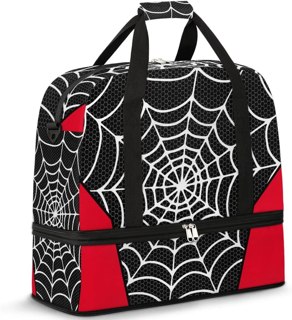 Gym Bag for Men Women, Carry on Travel Duffel Bag with Trolley Sleeve, Black and Red Waterproof Weekender Overnight Bags with Shoes and Wet Clothes Compartment for Sleepover Workout Sports