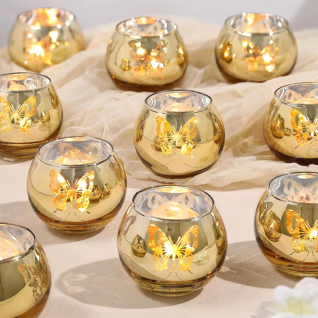 Gold Votive Candle Holders Set, 12 PCS Tea Lights Candle Holder Decorative Bulk with Butterfly Pattern, Candle Holders for Wedding, Birthday, Anniversary, Parties, and Holiday Decorations