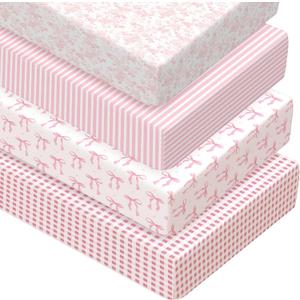 Peryiter 4 Pack Crib Sheets Girl Soft Baby Bed Sheet Set 52'' x 28" Nursery Crib Sheets for Standard Bed for Nursery Decor Baby Boys or Girls(Pink,Coquette Bow)