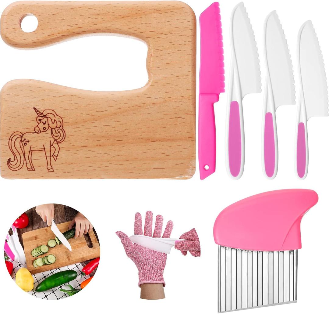 Zhehao 7 Pieces Kids Knife Set for Real Cooking Include Wood Kids Knife Plastic Potato Slicers Cooking Knives Serrated Edges Toddler Plastic Resistant Gloves for Kitchen Children(Unicorn)