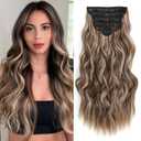 Clip in Long Wavy Synthetic Hair Extensions 20 Inch Light Brown with Blonde Highlights 6PCS Thick Hairpieces Fiber Double Weft Hair for Women