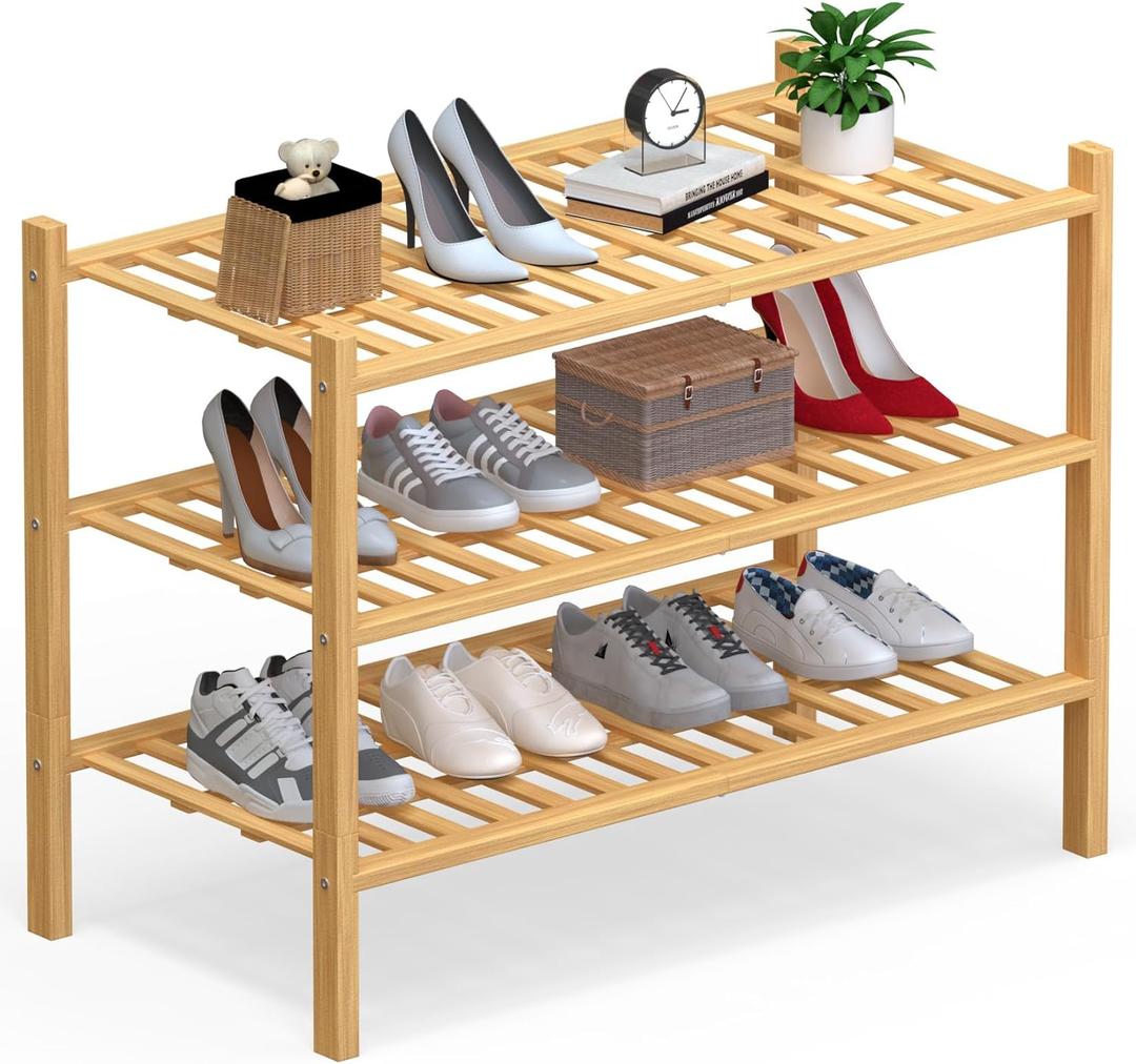 Haddockway Large 3 Tier Bamboo Shoe Rack Storage Organizer, Multifunctional Free Standing Stackable Shoe Shelf with Grid Panel for Closet,Hallway,Entryway,Small Space 27"x12"x21"