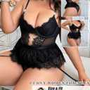 Women Lingerie Set Naughty Lace Bodysuit High Waisted Underwire Lingerie Babydoll With Garter Belt and Stockings (Black, XL)