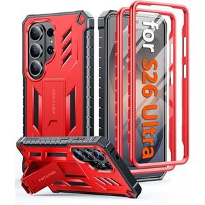 FNTCASE for Samsung Galaxy S26-Ultra Case: [Built-in Screen Protector & Kickstand] [2 Front Frames] [Military-Grade Drop Protection] Heavy Duty Shockproof Rugged TPU Case Full Body Protective Red