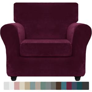 ZNSAYOTX Luxury Velvet Chair Slipcovers with Arm 2 Piece Stretch Chair Covers for Living Room Thick Soft Armchair Slipcover Anti Slip Dog Pet Friendly Furniture Protector (Wine Red),30"-47"(1 CUSHION)