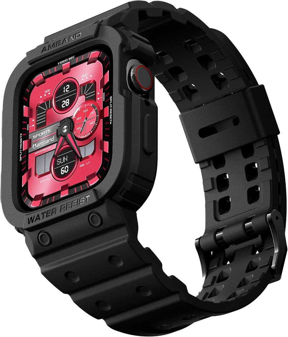 amBand E1 Sport Case Band for Apple Watch Ultra 3/2/1 & SE 3/2/1 & Series 11 10 9 8 7 6 5 4 3 49mm 46mm 45mm 44mm 42mm 41mm 40mm 38mm, Shockproof & Scratch Resistant Rugged Bumper for Men Women (Black)
