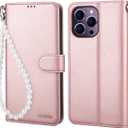 iPhone 14 Pro Max Wallet Case - 6.7", [Wrist Strap] RFID Blocking PU Leather Magnetic Cover, Kickstand Case Compatible with iPhone 14 Pro Max 5G 6.7'', Rose Gold with Wristlet