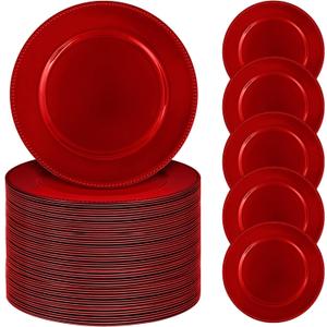 50 Pcs Red Charger Plates Bulk, 13" Round Beaded Plate for Dinner, Decorative Plastic Table Chargers for Wedding, Holiday Party, Baby Shower, Event Decoration