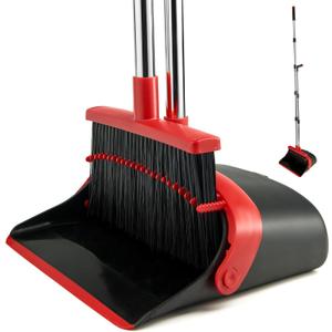 Broom and Dustpan Set for Home, Broom with Dustpan Cleaning Teeth Combo Set, Indoor Sweep Broom with Long Handle for Office Home Kitchen Lobby Floor (Black Red)