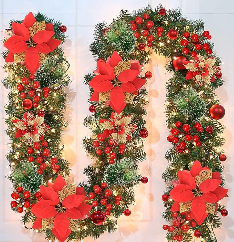 Christmas Garland,Christmas Garland with Lights Battery Operated,9 ft Rattan Artificial Flower Vine Plants Xmas Decorations for Indoor Outdoor Home Mantel Fireplace Stairs