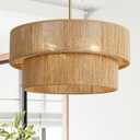 18'' Boho Rattan Chandelier Hand Woven Chandelier Light Fixture 3-Light Farmhouse Drum Pendant Light for Dining Room Bedroom Kitchen Hallway Foyer