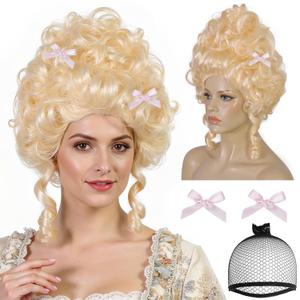 Blonde Colonial Victorian Wigs for Women with 2 Bow Clips Fluffy Baroque Renaissance Vintage Wig Rococo Wig Costume Outfit for Halloween Cosplay Party + Hair Cap