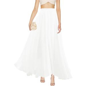 v28 Women Full/Ankle Length Elastic Pleated Retro Maxi Chiffon Long Skirt (White) XL 