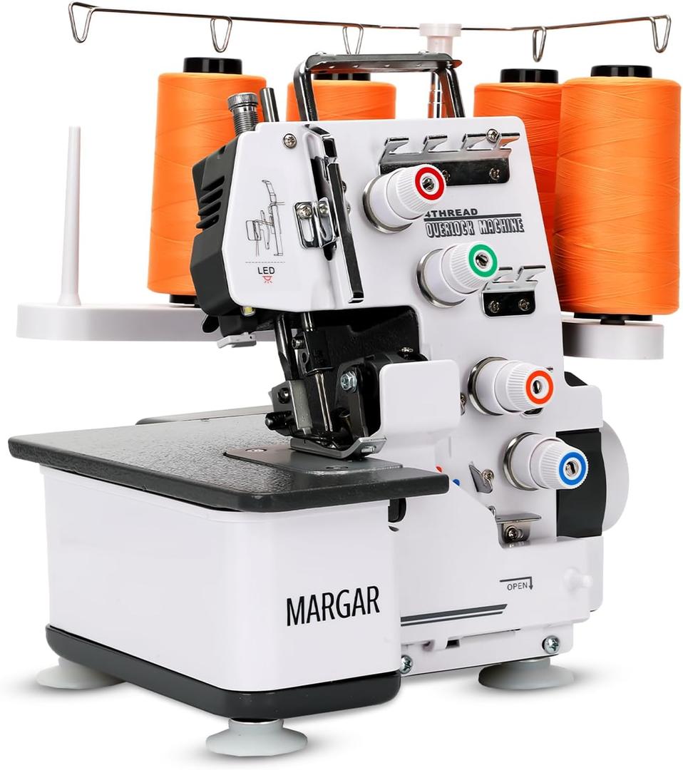 Industrial Serger Sewing Machine, Heavy-Duty Metal Frame Overlock Machine with 3-4 Stitch Capability, Overlocker Sewing Machine with LED Light12 Stitch Patterns, 1,250 Stitches Per Minute, White