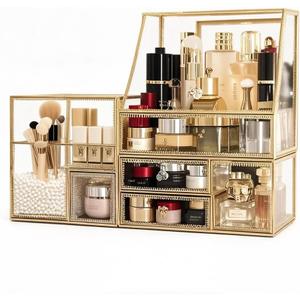 Tempered Glass Makeup Organizer with Gold Heart Shaped Metal Frame, Large Cosmetic Storage Drawer Cabinet, Dustproof Vanity Display Case for Lipstick Makeup Brush Skincare, 8.46"D x 5.91"W x 12.01"H