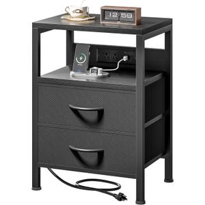Lazzanto Nightstand Bedside Charger Table for Bedroom - Night Stand with Charging Station, Modern Nightstand with Open Shelf & 2 Fabric Drawers, Bed Side Table with USB-C Port for Dorm, Black
