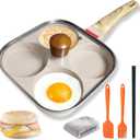 4Cup Nonstick Egg Pan Set with Lid Aluminum Omelette Skillet for Breakfast, Includes Silicone Scraper, Oil Brush, Chopsticks & Cleaning Cloth Compatible with Gas & Induction Cooktops (White)