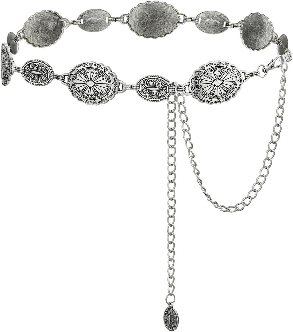 TOPACC Western Metal Concho Belt for Women Cowgirl Chain Belts for Dresses Jeans Country Concert Outfit (Length 49" (32"+extended chain 17"), 1silver-38)