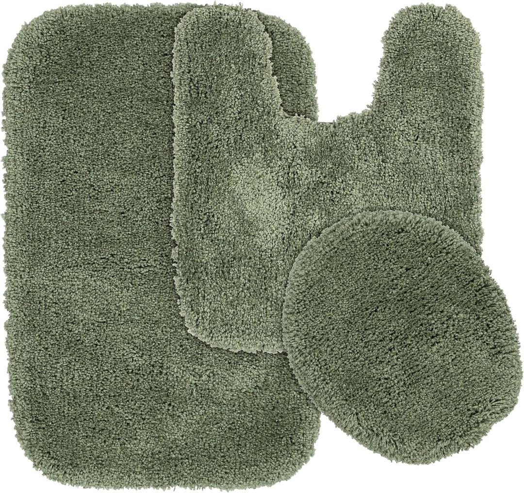 Garland Rug Serendipity Deep Fern Green 3 Piece Set (Toilet Cover, Contour Rug, Bath Rug) Shaggy Nylon Washable Bathroom Rug Set - Soft, Absorbent, and Stylish for Your Bathroom, Deep Fern 