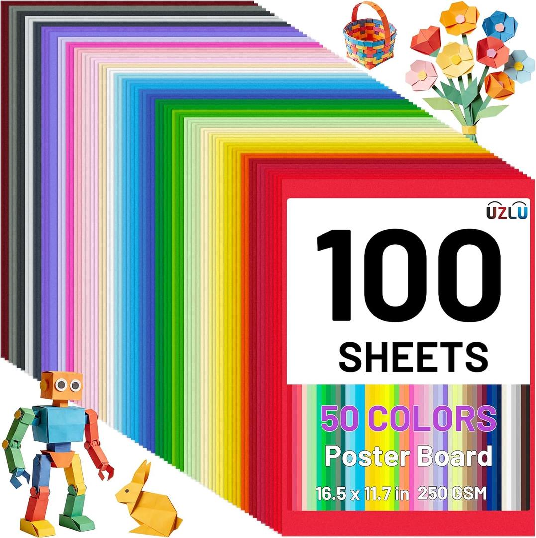 100 Pcs 50 Assorted Colors Poster Board 11.7 x16.5 In Colored Posterboard Paper Bulk 250 GSM Thickness Cardstock Blank Smart Vision Board for School Drawing Art Craft Projects Display DIY Scrapbooking