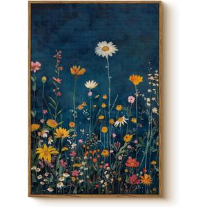 WHASAYART Botanical Floral Canvas Print 16x24 Framed Wildflower Wall Art, Rustic Dark Blue Colorful Flower Artwork, Vibrant Vintage Painting Living Room Kitchen Bedroom Hallway Home Decor