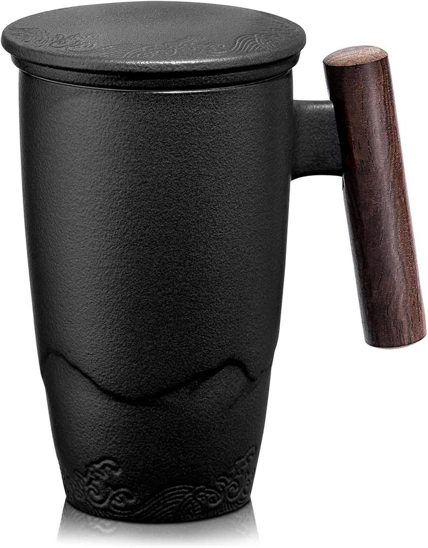 suyika Tomotime Ceramic Tea Cup with Infuser and Lid Tea Mugs Wooden Handle 400ml/13.5oz Black (03-Matte Black)