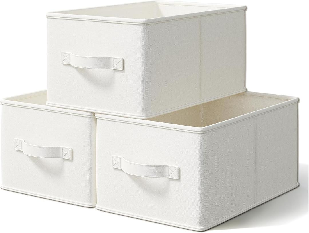 3 Pack Fabric Storage Bins for Shelves | 14" L*10" W*8" H Closet Storage Bins | Collapsible Closet Organizers for Clothes | Linen Clothes Bins | White & Ivory (Medium)