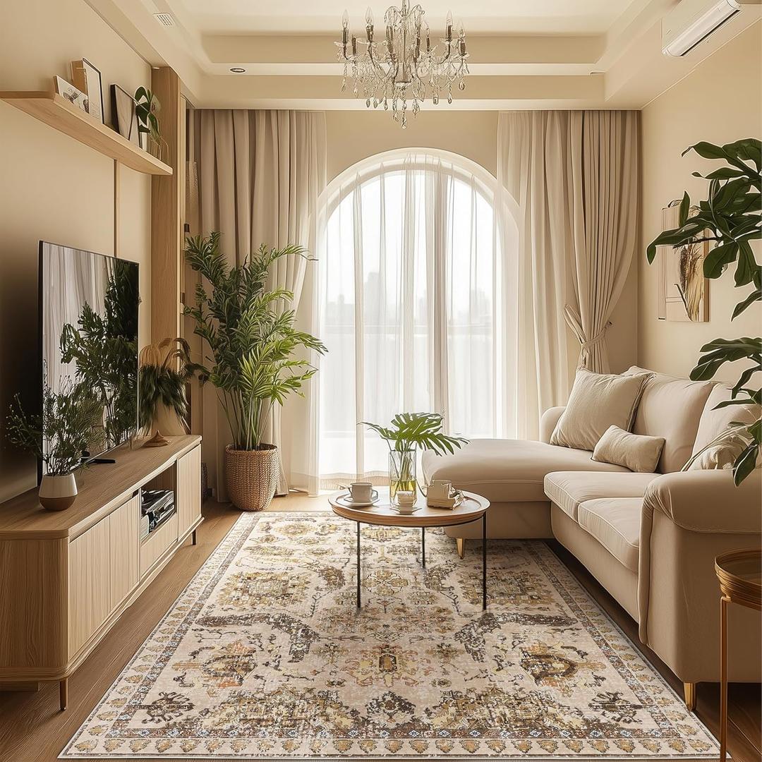 5x7 ft Washable Area Rug - Soft Boho Beige & Yellow Non-Slip Runner for Indoor, Kitchen, Bedroom, Living Room, Kids Room, Entryway (Cream and Beige)