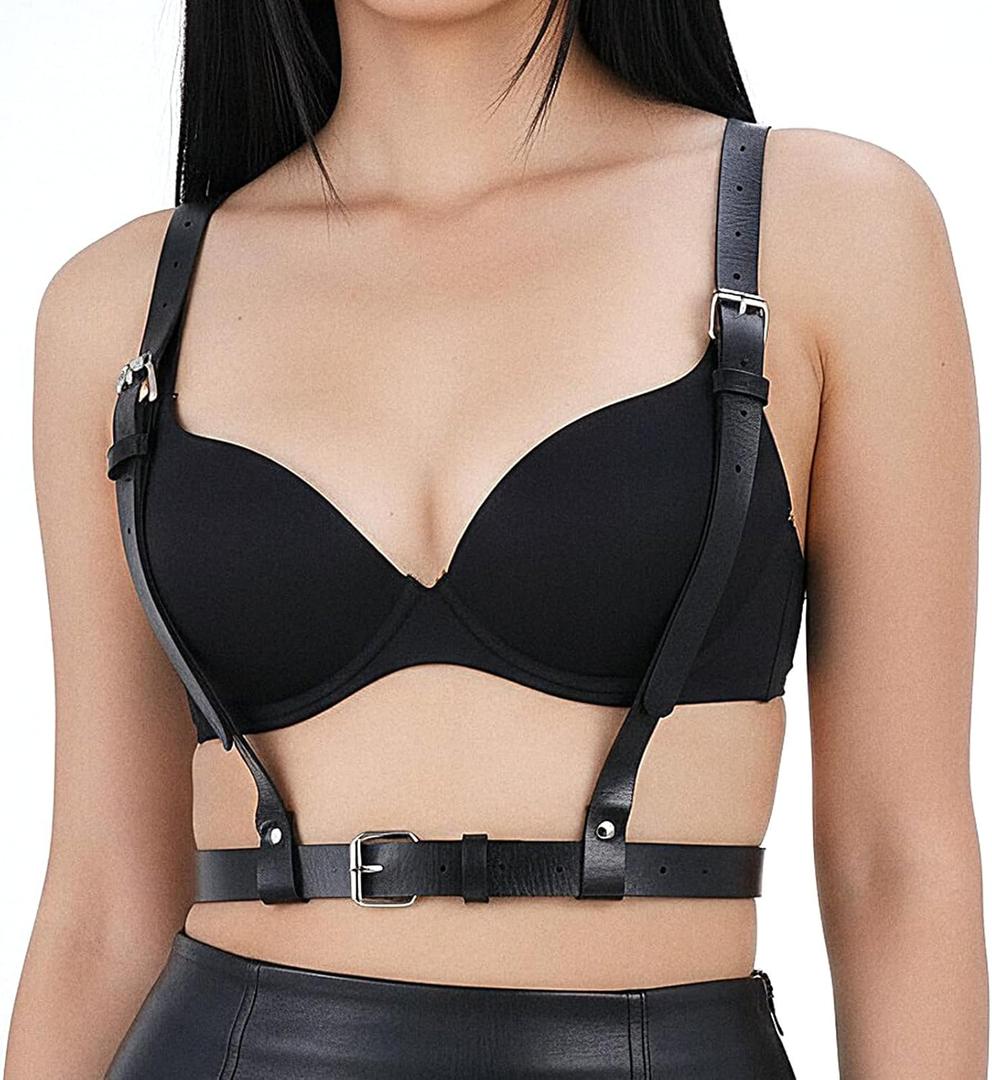 Grevosea Punk Black Leather Body Harness Belt for Women, Gothic Adjustable Waist Belt Fashion Accessory Rave Cosplay Halloween