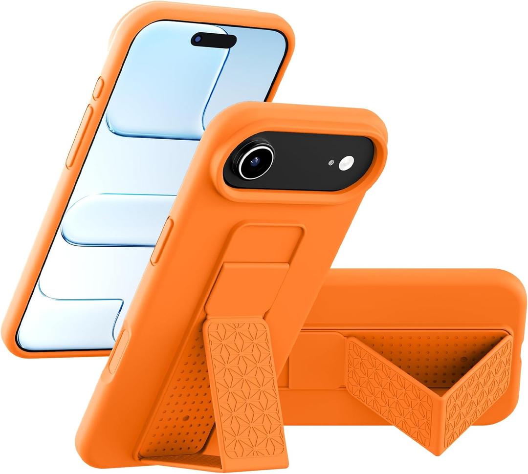 LAUDTEC Silicone Kickstand Case Compatible with iPhone 17 Air, Vertical and Horizontal Stand Hand Strap Metal Kickstand Cover, Flexible Soft Liquid Silicone Stand Case for iPhone 17 Air (Orange)