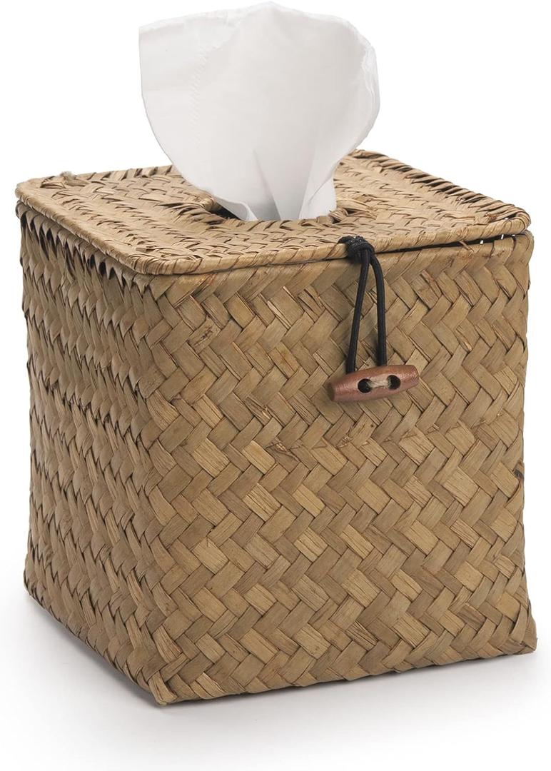Seagrass Square Tissue Box Cover Woven Napkin Holder Decorative for Bathroom Farmhouse (Natural, 5.5 x 5.5 x 5.5 Inch)