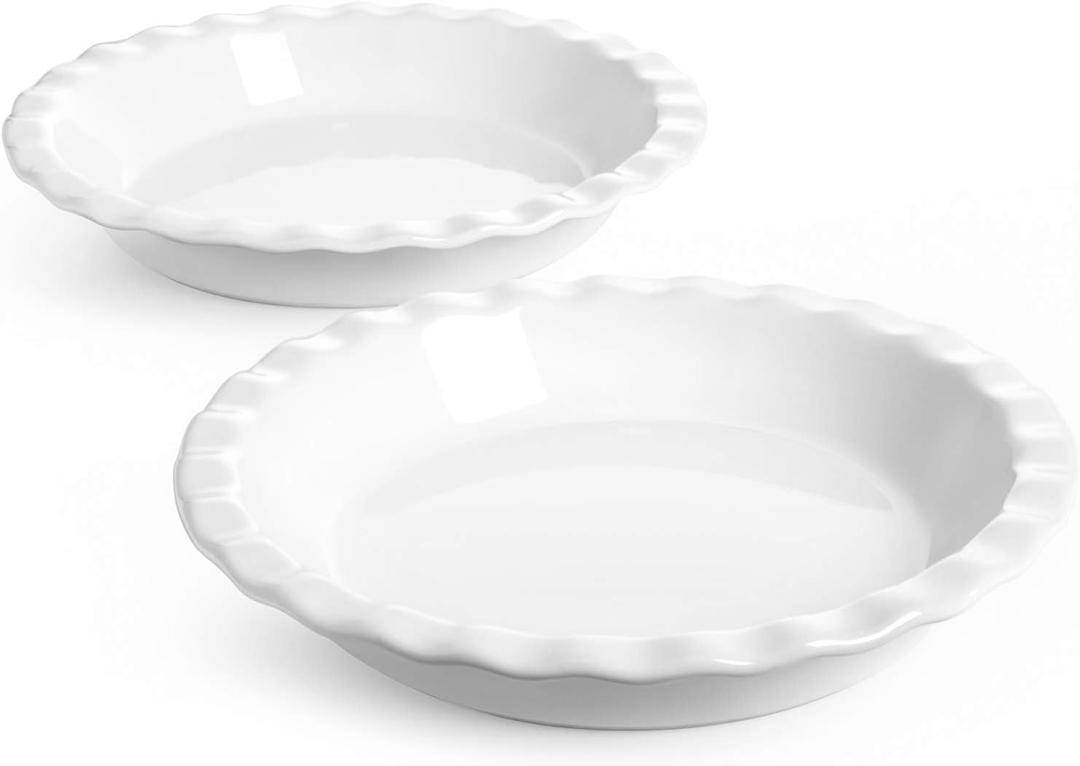 LE TAUCI Ceramic Pie Pans for Baking, 9 Inches Pie Plate for Apple Pie, Round Baking Dish, 36 Ounce Fluted Dish Pie Pan, Set of 2, White
