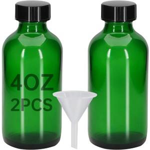 2Pcs 4 oz Green Glass Bottles - Small Glass Jars with Black Lids Empty Boston Bottle,Dispensing Bottles for Homemade Vanilla Extract, Essential Oils, Herbal Medicine (2)