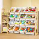 Kids Toy Storage Organizer with Bookshelf  Wooden Shelf with 16 Bins & 3 Shelves, Quick Assembly Storage Rack for Playroom, Bedroom, Nursery - White